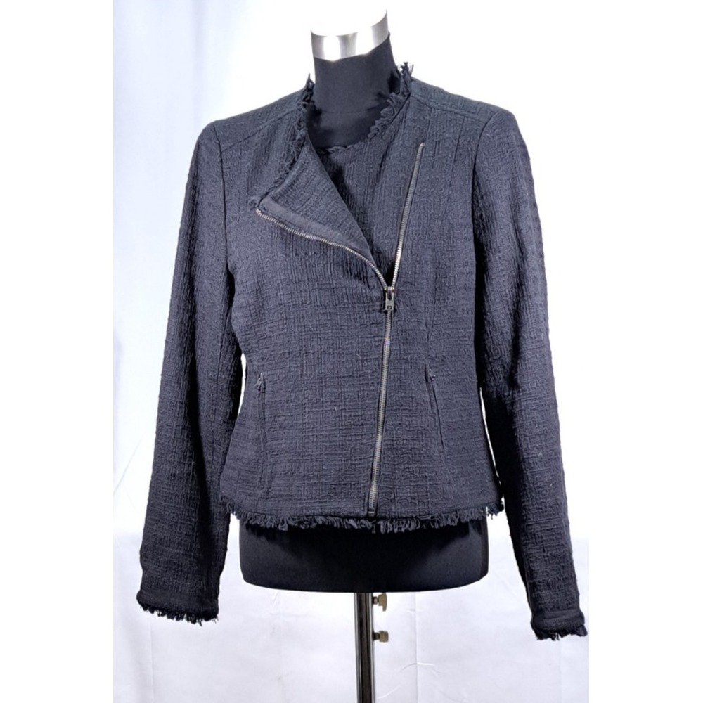 J.Crew Navy Blue Tweed Asymmetrical Zip Moto Jacket Fringe Trim Womens 12 Tall